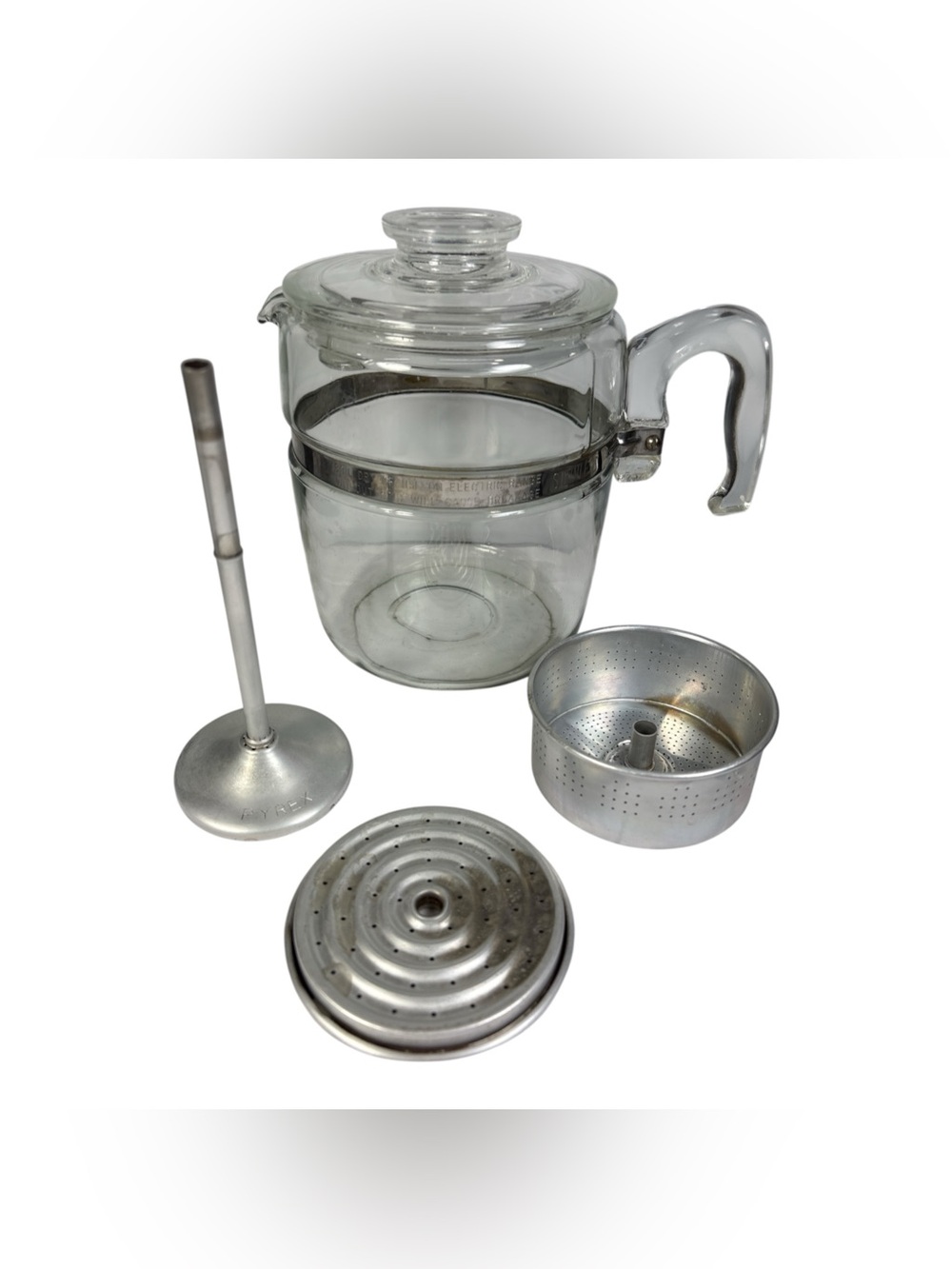 Pyrex 7759 B 9 Cup Glass Percolator Coffee Pot Flame Ware Metal Basket Complete